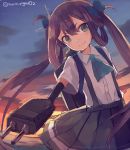  1girl asagumo_(kantai_collection) brown_hair green_eyes haruka_(reborn) kantai_collection long_hair school_uniform sunset suspenders turret twintails 