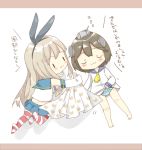  2girls :3 blonde_hair brown_hair closed_eyes closed_mouth commentary_request detached_sleeves hairband highleg highleg_panties kantai_collection long_hair long_sleeves miniskirt multicolored_legwear multiple_girls no_legwear no_shoes panties sailor_dress school_uniform serafuku shimakaze_(kantai_collection) short_hair skirt striped striped_legwear thigh-highs translation_request tsuchihara_ai underwear yukikaze_(kantai_collection) |_| 