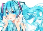  1girl asagao_minoru blue_eyes blue_hair blue_nails detached_sleeves hatsune_miku long_hair looking_at_viewer nail_polish necktie open_mouth sleeveless solo twintails v very_long_hair vocaloid 