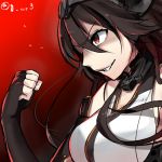  1girl black_hair clenched_hand fingerless_gloves gloves grin jiiwara kantai_collection long_hair looking_away nagato_(kantai_collection) red_background red_eyes smile twitter_username 
