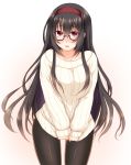  1girl bare_shoulders black_hair black_legwear glasses hairband long_hair no_pants original pantyhose red_eyes ribbed_sweater sleeves_past_wrists solo sotogawa_max standing sweater 