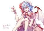  1girl alcohol augetsix bat_wings blue_hair bow cup dated fangs fingernails hat hat_bow long_fingernails mob_cap nail_polish open_mouth puffy_sleeves red_eyes remilia_scarlet shirt short_hair short_sleeves simple_background sitting skirt skirt_set smile solo touhou twitter_username upskirt white_background wine wine_glass wings 