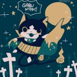  cape cat cross fangs full_moon gabunyan green_background limited_palette looking_at_viewer moon multiple_tails no_humans open_mouth simple_background solo tail twitter_username two_tails umi_(srtm07) vampire youkai youkai_watch 