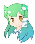  1girl blush frog_hair_ornament green_hair hair_ornament hair_tubes kochiya_sanae long_hair portrait smile snake_hair_ornament solo touhou xin_yu_hua_yin yellow_eyes 