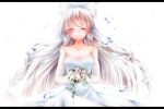  1girl absurdres backlighting bare_shoulders blush bouquet bow choker collarbone crying dress elbow_gloves flower fujiwara_no_mokou gloves hair_bow hair_ribbon happy_tears highres lace_gloves letterboxed long_hair ribbon smile solo strapless_dress tears touhou tress_ribbon very_long_hair wedding_dress white_dress white_gloves yozakura_retei 