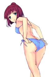  1girl adjusting_clothes adjusting_swimsuit ass bikini blue_bikini blue_eyes blush hair_bun looking_at_viewer looking_back miyazakit redhead saki short_hair side-tie_bikini solo swimsuit usuzawa_sae wet 