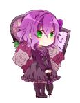  1girl asagao_minoru boots cropped_jacket dress flower green_eyes happy_tree_friends lammy looking_at_viewer mirror parasol personification purple_dress purple_hair rose short_hair smile solo umbrella 