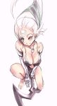  1girl bare_shoulders blue_eyes breasts cleavage diana_(league_of_legends) elbow_gloves gloves jewelry jon_tw kneeling large_breasts league_of_legends long_hair looking_at_viewer moon necklace silver_hair simple_background smile solo white_background winking 