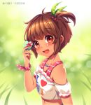  absurdres brown_eyes brown_hair child chocolate crop_top food food_on_face hair_bobbles hair_ornament highres jewelry leaf midriff navel necklace short_hair side_ponytail smile valentine 