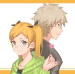  1boy 1girl blonde_hair blush brown_hair candy glasses grey_eyes hair_ornament hairclip hiraoka_daisuke jyon lollipop looking_at_viewer mole mole_under_eye shirobako short_hair short_twintails smile twintails yano_erika 