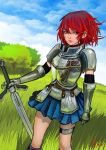  1boy absurdres armor crossdressinging grasslands highres landscape redhead skirt solo sword weapon 