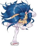  1girl animal_ears bent_over big_hair blue_hair breasts cat_ears cat_tail felicia full_body fur green_eyes hair_over_one_eye highres long_hair mono_(monotonerhythm) muscle open_mouth paws running smile solo sweatdrop tail vampire_(game) white_background 