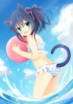  animal_ears ass ball beachball bikini black_hair blue_eyes cat_ears fang from_behind highres looking_back original ribbon short_hair smile swimsuit tail twintails umi_suzume wading water 