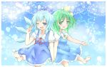  2girls barefoot blue_eyes blue_hair blush bow cirno daiyousei fang green_eyes green_hair hair_bow ice ice_wings mickeysmith multiple_girls one_eye_closed open_mouth side_ponytail touhou v wings 