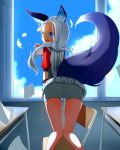  absurdres animal_ears ass blade_&amp;_soul blue_eyes chair classroom desk earrings fang fox_ears from_behind highres jewelry kneeling long_hair looking_back lyn_(blade_&amp;_soul) short_shorts shorts silver_hair sky smile tail window 