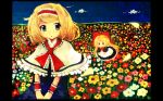  1girl alice_margatroid blonde_hair blue_eyes bow capelet clouds dress field flower flower_field frame frilled_dress frills glowing hair_bow hairband hands_together highres horizon kichin. long_hair looking_at_viewer night night_sky parted_lips petals ribbon shanghai_doll short_hair sky solid_circle_eyes solo touhou wrist_cuffs 