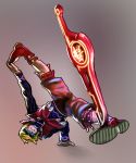  1boy amano-g ankle_boots balancing blonde_hair blue_eyes boots handstand shorts shulk solo super_smash_bros. sword upside-down weapon xenoblade 