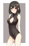  1girl black_hair blush breasts cleavage front_zipper_swimsuit hair_ornament highres looking_at_viewer one-piece_swimsuit red_eyes short_hair shuuichi solo swimsuit 