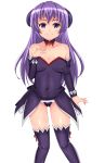  1girl absurdres angel_mort bare_shoulders breasts cleavage collar collarbone cowboy_shot detached_sleeves hand_on_own_chest hanyuu heart highres higurashi_no_naku_koro_ni horns leotard long_hair looking_at_viewer purple_hair reonharuto ribbon simple_background smile solo standing thigh-highs violet_eyes waitress white_background 