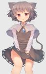  1girl animal_ears blurry capelet chestnut_mouth grey_hair highres jewelry long_sleeves looking_at_viewer mouse_ears mouse_tail nazrin necklace open_mouth red_eyes shirt shone short_hair simple_background skirt skirt_set solo tail touhou upskirt vest 