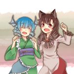  2girls ^_^ animal_ears blue_hair brown_hair clenched_hands closed_eyes dress drill_hair fang head_fins imaizumi_kagerou multiple_girls niwatori_(shimatori042) open_mouth red_eyes smile touhou wakasagihime wolf_ears 