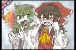  2girls \m/ anger_vein ascot blush bow brown_hair crying detached_sleeves frog_hair_ornament gap green_eyes green_hair hair_bow hair_ornament hair_tubes hakurei_reimu japanese_clothes kochiya_sanae long_hair long_sleeves looking_at_another miko multiple_girls open_mouth red_eyes shirt snake_hair_ornament suenari surprised sweat tears touhou trembling wide_sleeves 