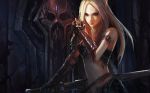  armor blonde_hair blood chenbo grey_eyes long_hair navel pointy_ears signature skull sword warcraft weapon world_of_warcraft 