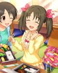  2girls artist_request blush brown_eyes brown_hair chopsticks closed_eyes idolmaster idolmaster_cinderella_girls imai_kana jewelry jpeg_artifacts multiple_girls necklace official_art one_eye_closed open_mouth sitting solo_focus source_request star twintails 