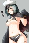  1girl blush breasts cape eyepatch grey_background hat kantai_collection kiso_(kantai_collection) meth_(emethmeth) short_hair simple_background solo twitter_username 