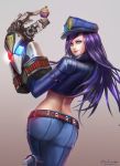  1girl ass badcompzero blue_eyes breasts caitlyn_(league_of_legends) cupcake female gauntlets hips league_of_legends long_hair looking_at_viewer looking_back police police_uniform purple_hair solo uniform vi_(league_of_legends) vi_(league_of_legends)_(cosplay) 