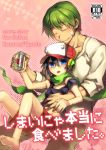  2boys bandaid bandaid_on_face bangs bare_legs bare_shoulders barefoot baseball_cap black_hair blue_eyes blush can character_name closed_eyes collarbone copyright_name couple cover cover_page cowboy_shot denim doujin_cover doukutsu_monogatari english full_body green_hair hair_between_eyes hand_on_another&#039;s_stomach hat highres holding_hands hug hug_from_behind jeans male_focus midriff multiple_boys nabenko off_shoulder open_mouth pants pink_background quote robot_ears sakamoto_kazuma scarf shiny shiny_hair shiny_skin shorts sitting sitting_on_lap sitting_on_person sleeves_folded_up smile strap_slip tank_top tareme yaoi 