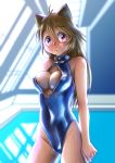  1girl animal_ears breasts brown_hair cat_ears front_zipper_swimsuit highres karasuke_d one-piece_swimsuit original pool red_eyes rei_no_pool standing swimsuit 