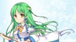  1girl amemiya_ruki bare_shoulders bow breasts detached_sleeves frog_hair_ornament green_hair hair_ornament kochiya_sanae long_hair long_sleeves looking_at_viewer smile snake_hair_ornament solo touhou upper_body very_long_hair wide_sleeves yellow_eyes 