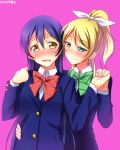 2girls ayase_eli blazer blonde_hair blue_eyes blue_hair blush hair_between_eyes hands_on_another&#039;s_hips highres holding_hands long_hair looking_at_another love_live!_school_idol_project multiple_girls pink_background ponytail school_uniform scrunchie simple_background smile sonoda_umi wavy_mouth yellow_eyes yu-ta yuri 