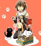  1girl ? brown_hair cat fish_bone gloves grin hair_ornament kantai_collection mori_(unknown.) scarf sendai_(kantai_collection) smile uniform 