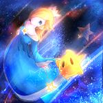  1girl blonde_hair blue_eyes crown dress earrings hair_over_one_eye highres jewelry looking_up luma super_mario_bros. nintendo rosetta_(mario) signature space star star_(sky) super_mario_bros. super_mario_galaxy super_smash_bros. wand 