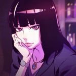  1girl bangs black_hair death_parade ilya_kuvshinov jewelry kurokami_no_onna long_hair solo violet_eyes 