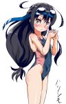  1girl black_hair brown_eyes competition_swimsuit goggles goggles_on_head hatsushimo_(kantai_collection) headband kantai_collection long_hair one-piece_swimsuit standing sukiyo swimsuit 