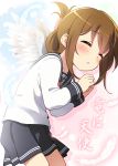  1girl angel_wings bell_(oppore_coppore) blush brown_hair closed_eyes feathers folded_ponytail highres inazuma_(kantai_collection) kantai_collection long_sleeves open_mouth school_uniform serafuku shirt skirt solo wings 