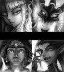  2boys 2girls :p alonsword annie_hastur earrings jewelry league_of_legends licking_lips long_tongue looking_at_viewer monochrome multiple_boys multiple_girls one_eye_closed open_mouth pointy_ears sharp_teeth skull_earrings smile taric thresh tongue tongue_out zyra 