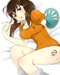  1girl bed_sheet blush boots breasts brown_hair cleavage diane_(nanatsu_no_taizai) fingerless_gloves gloves honey-cat large_breasts leotard lips looking_at_viewer lying nanatsu_no_taizai on_side puffy_sleeves short_sleeves single_glove smile solo tattoo twintails violet_eyes 