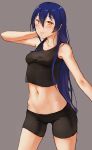  1girl bike_shorts blue_hair brown_eyes crop_top long_hair love_live!_school_idol_project midriff navel noccu small_breasts smile solo sonoda_umi tank_top 