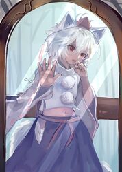  1girl animal_ears aozarigani hand_to_own_mouth hat head_tilt inubashiri_momiji lips looking_at_viewer midriff mirror navel parted_lips pom_pom_(clothes) raised_hand red_eyes short_hair skirt solo tail tokin_hat touhou white_hair wolf_ears wolf_tail 