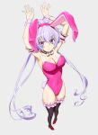  1girl ahoge animal_ears artist_request bare_shoulders blush bowtie breasts bunny_tail bunnysuit cleavage hair_ribbon high_heels highres long_hair purple_hair rabbit_ears ribbon senki_zesshou_symphogear silver_hair solo tail thigh-highs twintails violet_eyes wrist_cuffs yukine_chris 