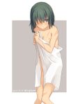  1girl 2015 blue_eyes breasts cleavage collarbone dated green_hair grey_background hair_over_one_eye highres knees_together_feet_apart naked_towel nervous scar short_hair shuuichi solo towel twitter_username 