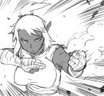  1girl bandages breasts bruise chinese_clothes copyright_request dark_elf dark_skin elf fighting_stance injury motion_lines pointy_ears short_ponytail sleeveless solo tangzhuang tsukudani_(coke-buta) wrist_wraps 