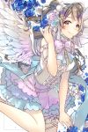  1girl angel_wings bow brown_eyes brown_hair headphones highres long_hair looking_at_viewer love_live!_school_idol_project minami_kotori side_ponytail smile solo wings yuki_(t128) 