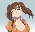  1girl ^_^ blush breasts brown_hair buckle cleavage closed_eyes collarbone diane_(nanatsu_no_taizai) highres large_breasts long_hair nanatsu_no_taizai pitecube portrait puffy_sleeves shiny shiny_clothes shiny_hair short_sleeves smile solo twintails 