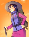  &gt;:&gt; 1girl :&gt; bag black_hair brown_eyes cane hat highres hiking long_hair love_live!_school_idol_project solo sonoda_umi sun_hat vest yu-ta 