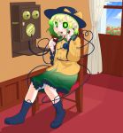  1girl ann_(artist) boots chair clouds commentary_request curtains flower green_eyes green_hair hat highres indoors komeiji_koishi open_mouth phone rotary_phone short_hair sitting sky solo touhou wainscoting window 